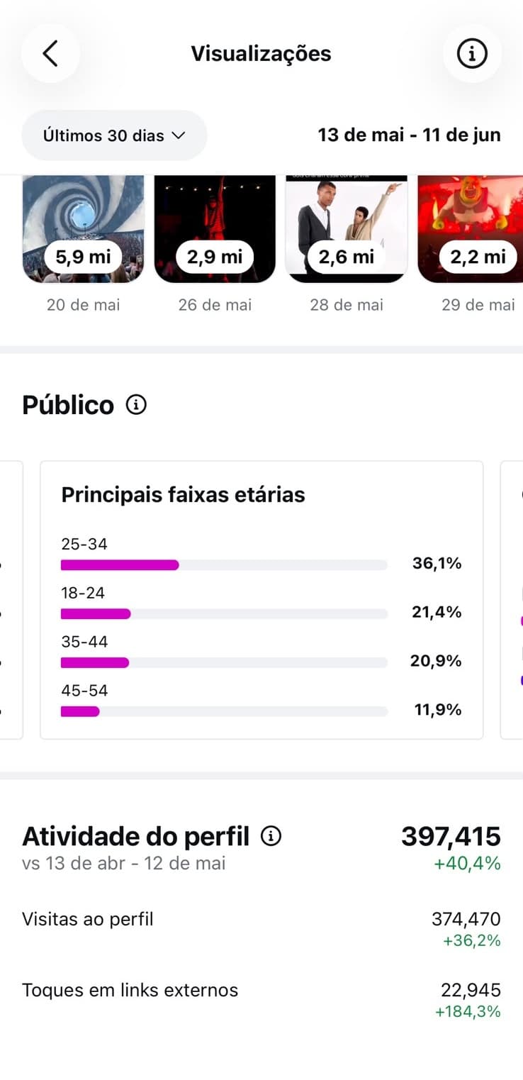 Painel de público do Instagram com faixa etária 25-34 em 36,1%, atividade de perfil em 397.415 e 22.945 toques em links externos